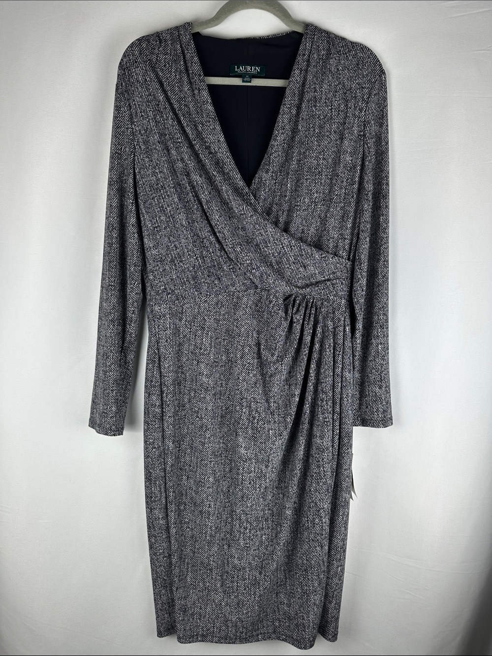 Lauren Ralph Lauren Black/Grey/White Knee Length Faux Wrap Dress Size 12 NWT